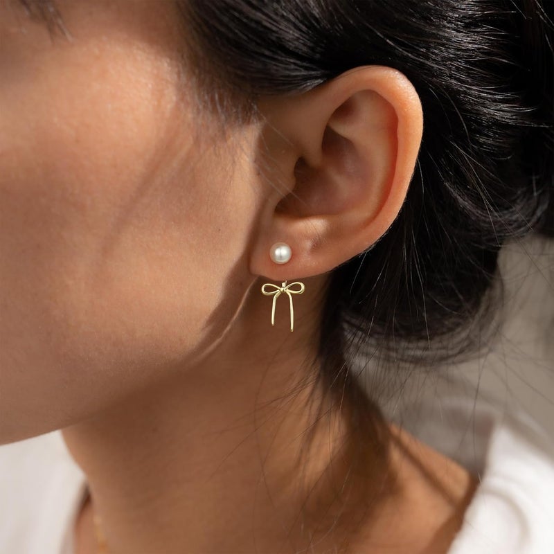 JIAOGE Christmas Gifts for Women Teen Girls Kids - Gold Bow Earrings for Women Jewelry Huggie Hoop Stud Earrings Hypoallergenic CZ Pearl Drop Bow Earring Gifts for Girls Wedding Birthday Gifts - Image 2